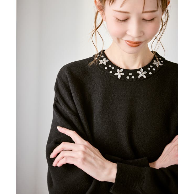 ブラック(01) | ビジューニットプルオーバー | ROPE' PICNIC