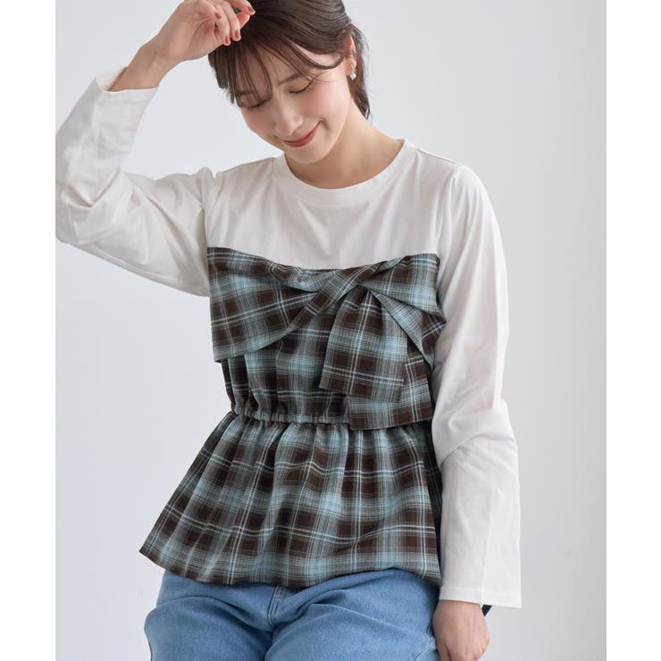 サックス(48) | ビスチェドッキングチェックトップス | ROPE' PICNIC