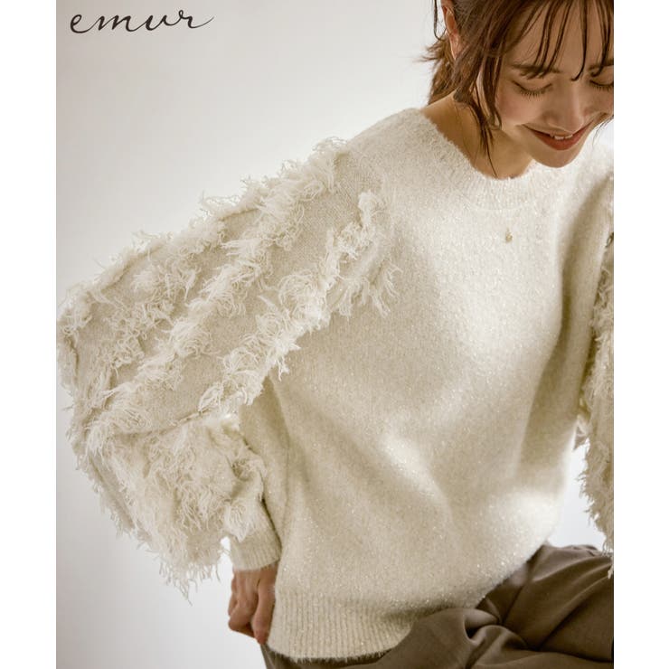 オフホワイト(15) | 【emur/エミュール】ラメジャガードフリンジスリーブプルオーバー | ROPE' PICNIC