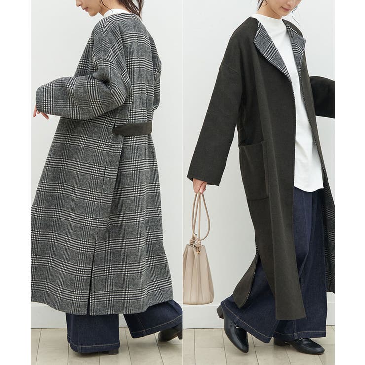 ロペ リバーシブル 2way ロングコート コーディガン チェック ベルト 36 ロペ リバーシブル 2way ロングコート コーディガン チェック