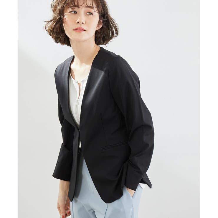 ROPE PICNIC ノーカラー ジャケット　セットアップ パンツ ネイビー ROPÉ PICNIC(ロペピクニック) / セットアップ対応/麻調シアー