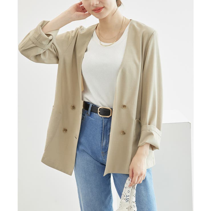 ベージュ(27) | セットアップ対応/麻調シアーノーカラージャケット/接触冷感・UVカット | ROPE' PICNIC