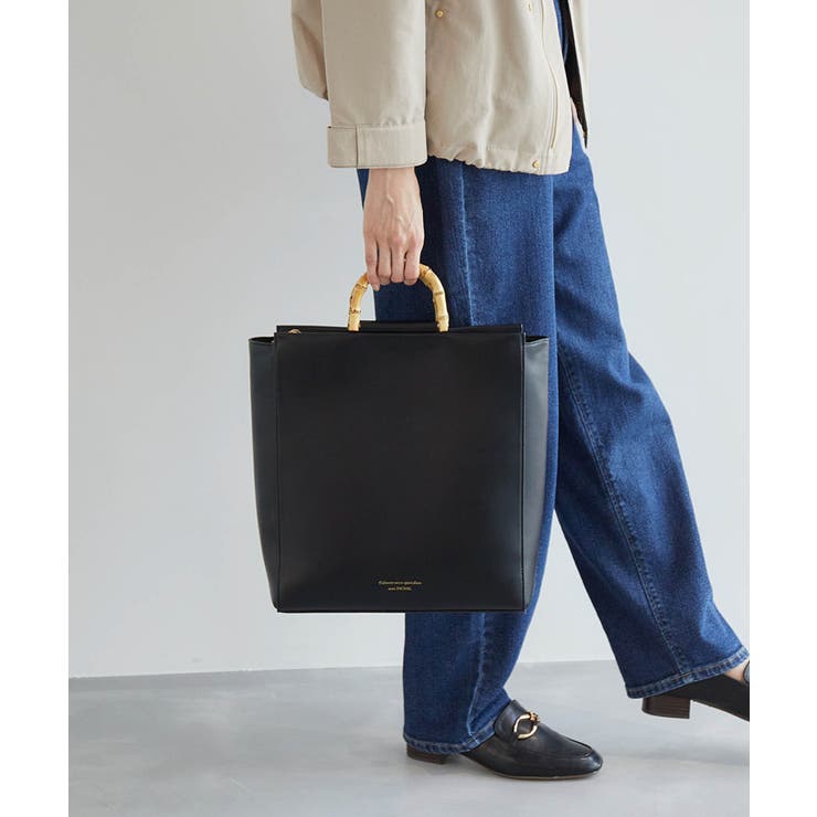 IEDIT＋[イディットプラス] バンブー持ち手の一枚革風本革トートバッグ  