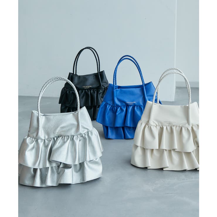 REBBISH ドールプリントタイベックバッグ 両面 y2k ダブルフリルメッシュハンドルミドルトートバッグ[品番：RPCW0037438