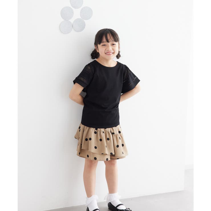 ばかな リンク トップスM、スカートS KIDS】リンクコーデ/ドット柄アシメントリーフリルスカート[品番