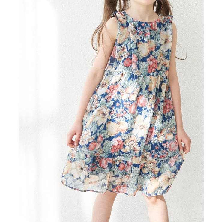 ネイビー系(41) | 【KIDS】ヴィンテージライクフルーツ肩リボンティアードワンピース | ROPE' PICNIC【KIDS】