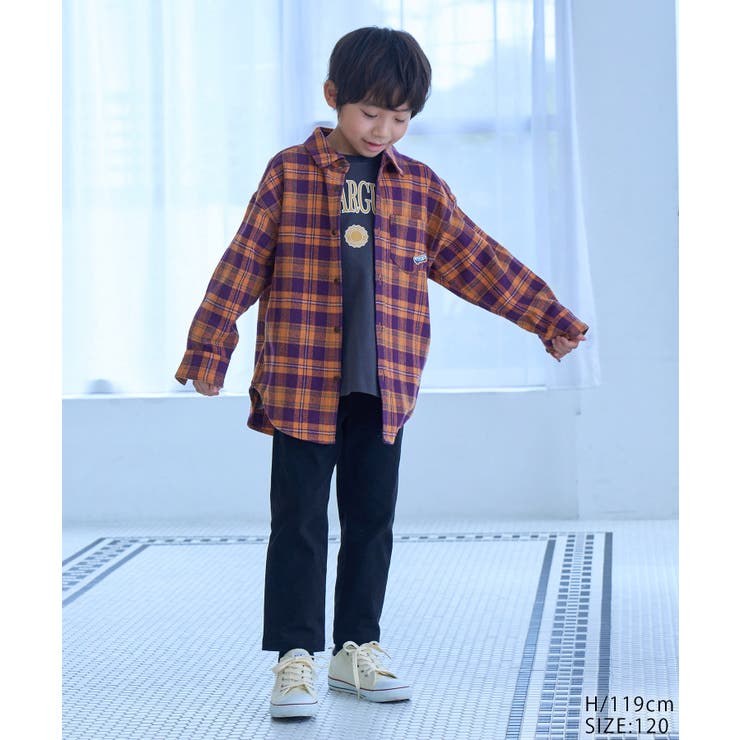 オレンジチェックシャツ 95cm 広い