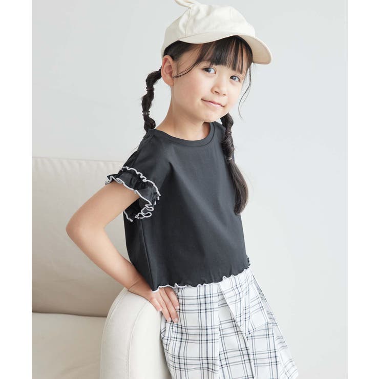 KIDS】クロップドフリルスリーブTシャツ【WEB限定カラー：ピンク