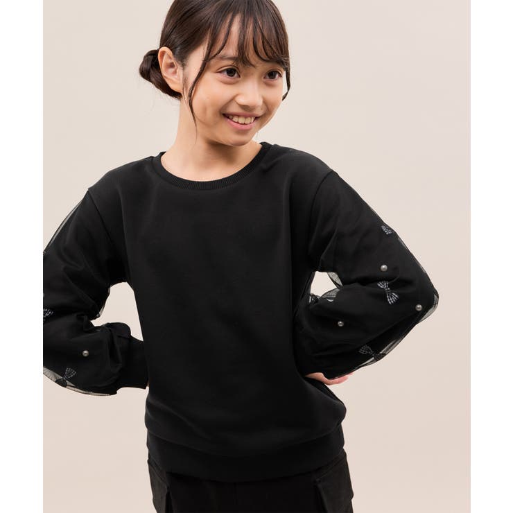 ブラック(01) | 【KIDS/キッズ】ギンガムチェックリボンスリーブ裏毛トップス | ROPE' PICNIC【KIDS】