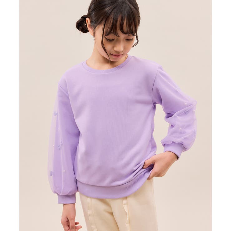 ラベンダー系(53) | 【KIDS/キッズ】ギンガムチェックリボンスリーブ裏毛トップス | ROPE' PICNIC【KIDS】