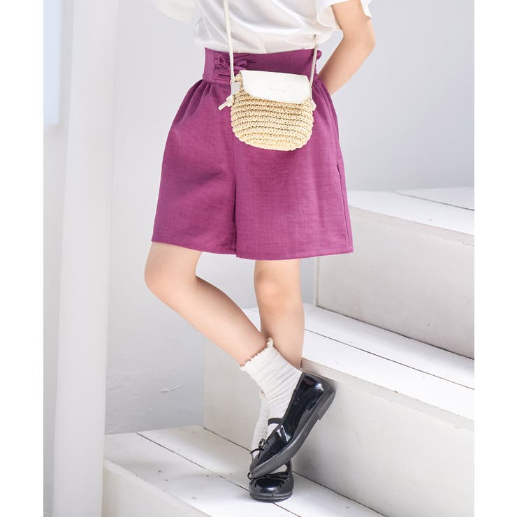KIDS】リンクコーデ/麻調編み上げキュロットパンツ[品番