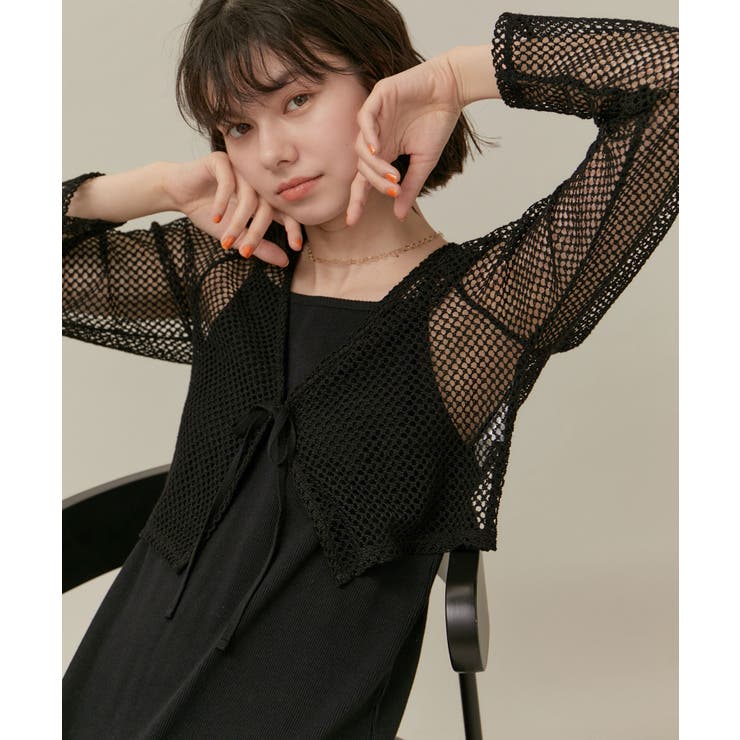 ブラック(01) | クロップドメッシュカットカーディガン | ROPE' PICNIC