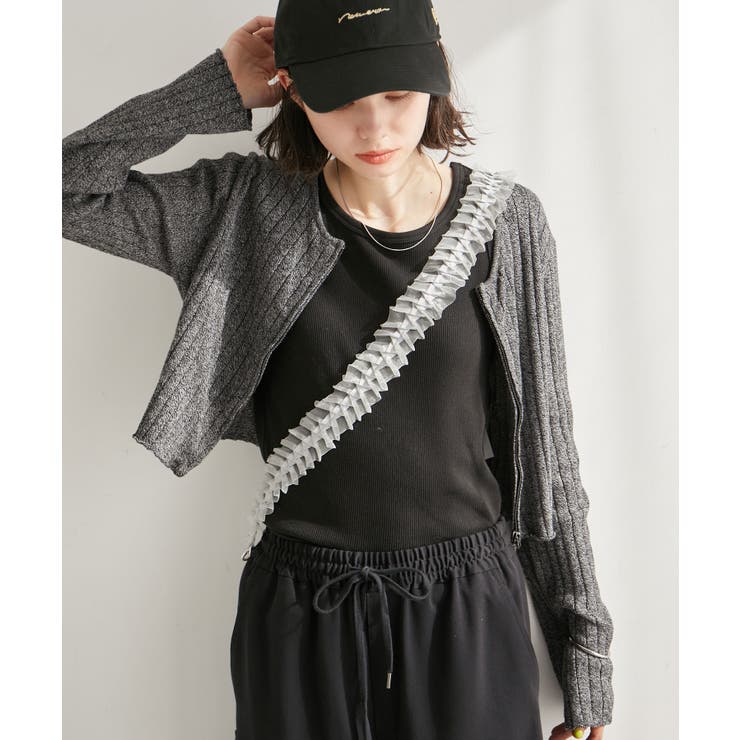 ブラック系(02) | フロントジップショート丈メランジニットプルオーバー | ROPE' PICNIC