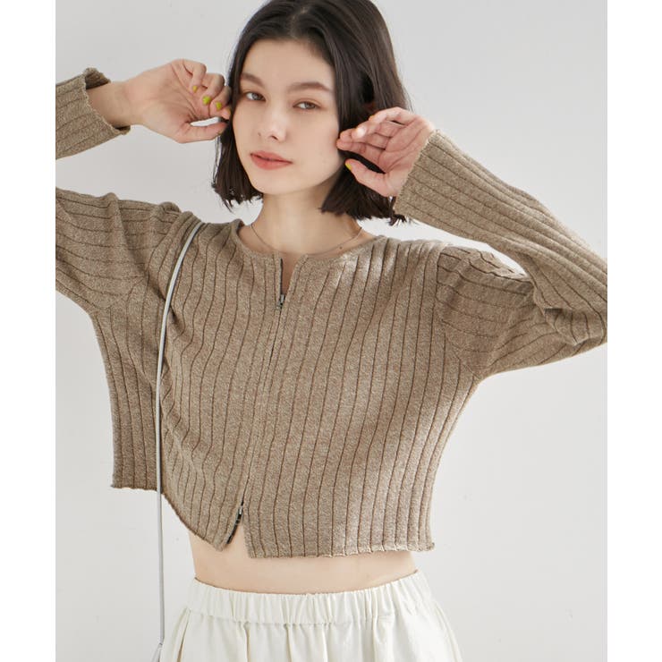 ブラウン(22) | フロントジップショート丈メランジニットプルオーバー | ROPE' PICNIC
