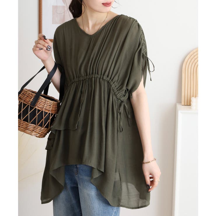カーキ | スラブドロストギャザーデザインブラウス | JungleJalopy