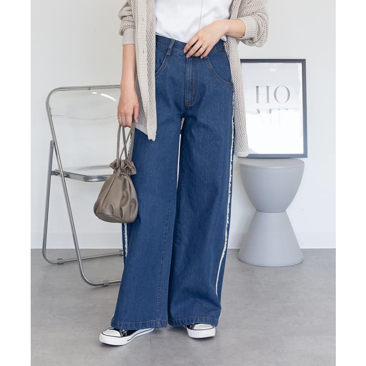 BLUE | サイドフリンジワイドデニム デニムパンツ デニム | JungleJalopy