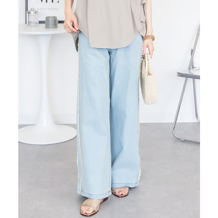 LIGHT-BLUE | サイドフリンジワイドデニム デニムパンツ デニム | JungleJalopy