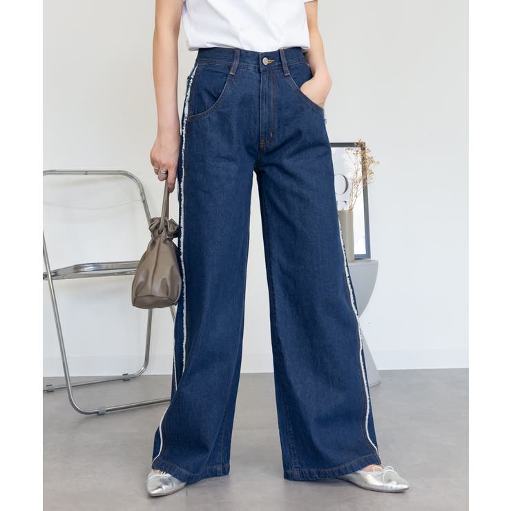 NAVY | サイドフリンジワイドデニム デニムパンツ デニム | JungleJalopy