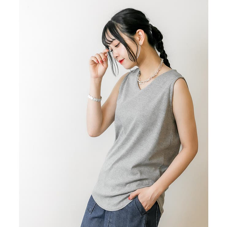 ダークグレー Vネック タンクトップ 大人のVネック タンクトップ ブイネック[品番：BEKW0000040