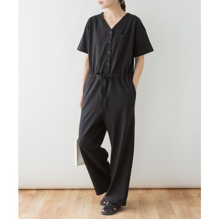 BLACK | Vネックオールインワンパンツ 大きいサイズ レディース | JungleJalopy