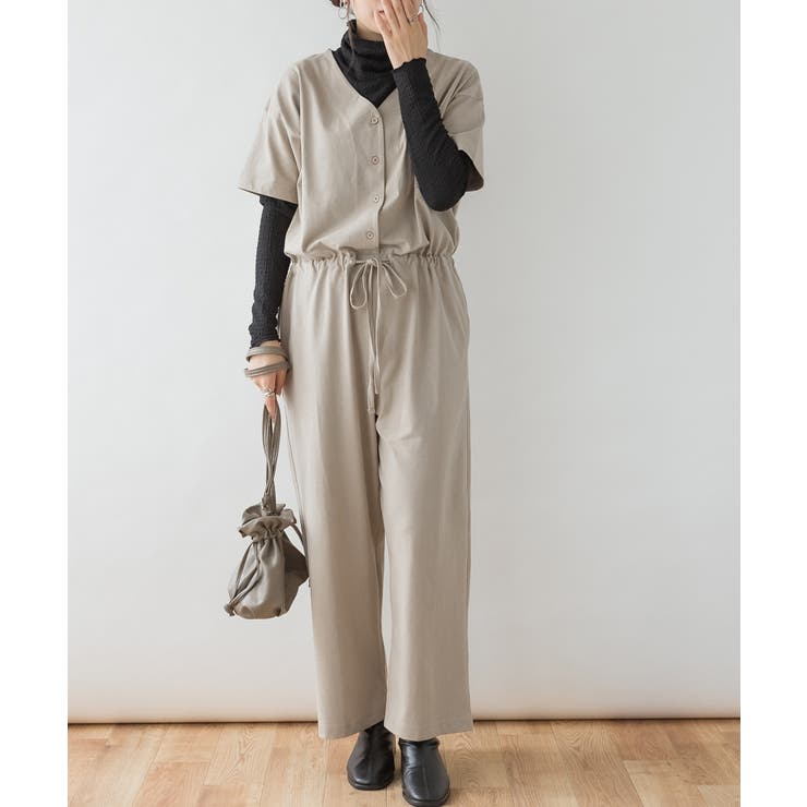GRAY-BEIGE | Vネックオールインワンパンツ 大きいサイズ レディース | JungleJalopy