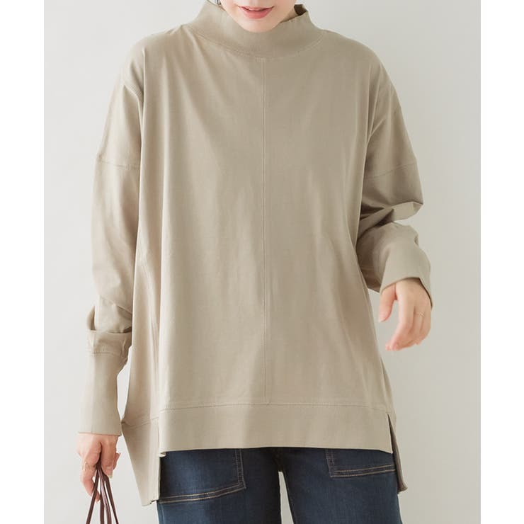 GRAY-BEIGE | ハイネックビッグヘムランダムカットソー 大きいサイズ レディース | JungleJalopy