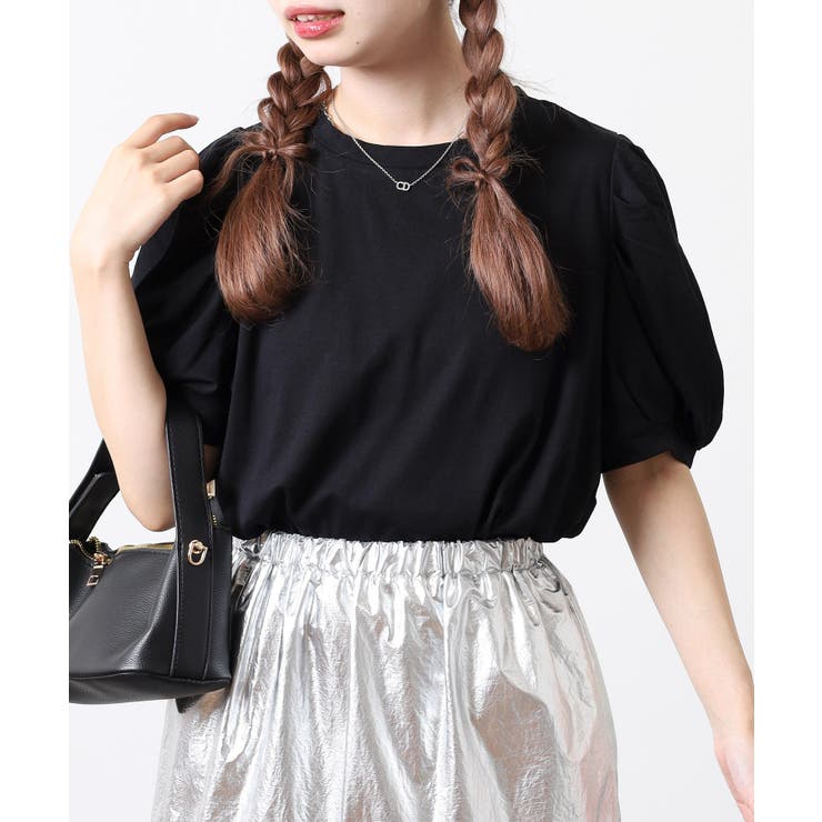 BLACK | ラウンドネックパフスリーブ半袖Tシャツ レディース | JungleJalopy