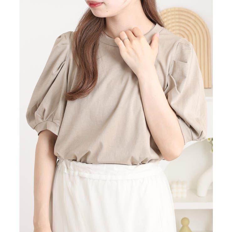 GRAY-BEIGE | ラウンドネックパフスリーブ半袖Tシャツ レディース | JungleJalopy