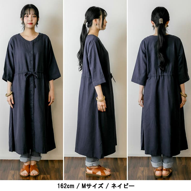 リネンウエストリボンワンピース 麻レーヨン 薄手[品番