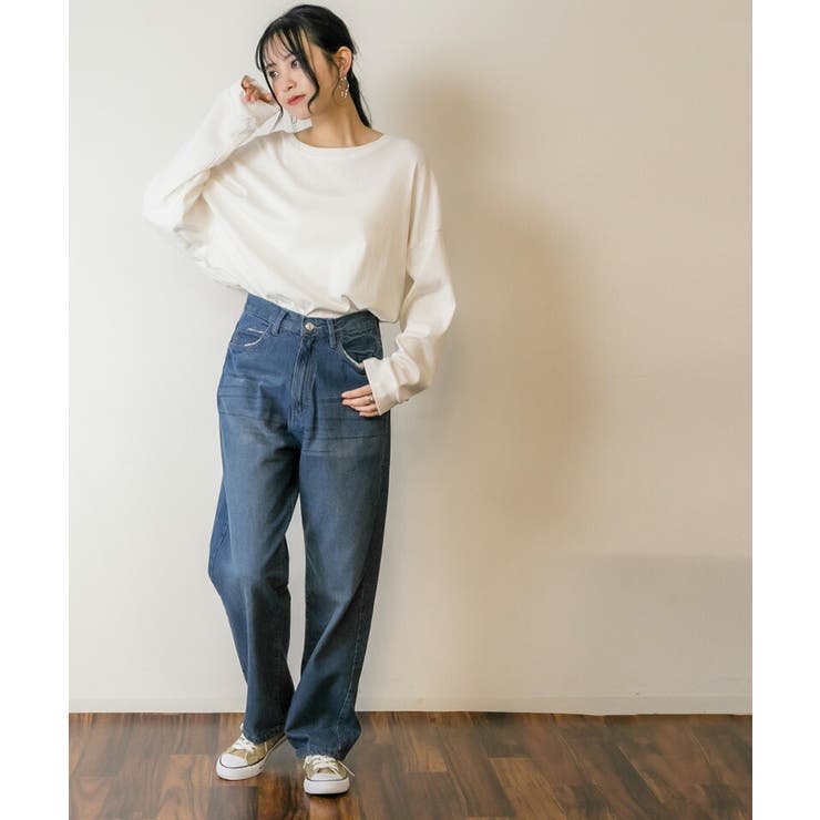 休日限定 デニムハイライズ デニムストレートパンツ 程よくゆるっとした サロペット・オーバーオール・オールインワン