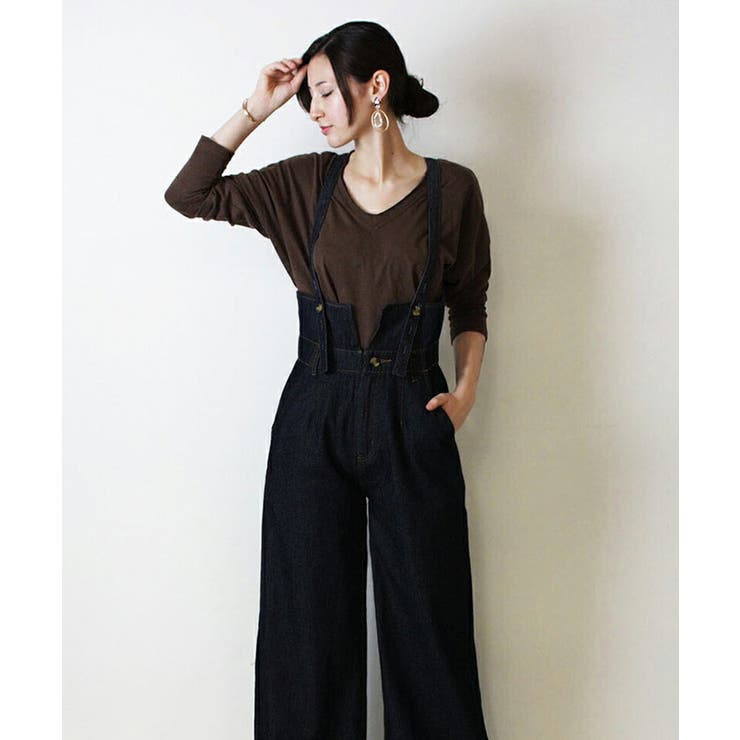 デニムハイウェストサスペンダーワイドパンツ リラックスワイド