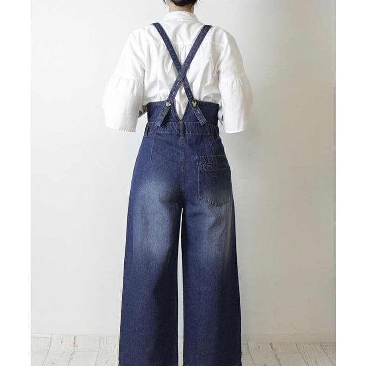 デニムハイウェストサスペンダーワイドパンツ リラックスワイドパンツ ゆったり