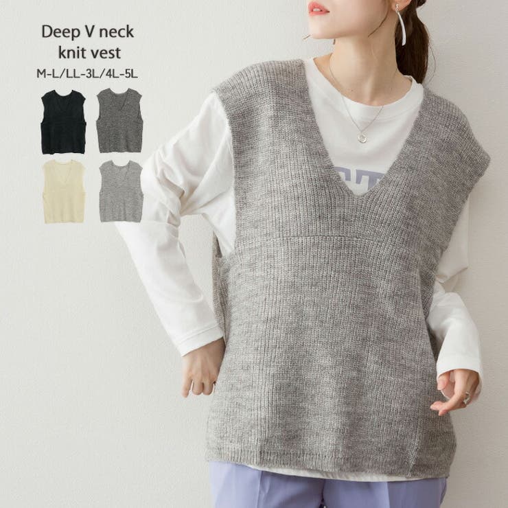 M-L・LL-3L・4L-5L】深Vネックニットベスト[品番：BEKW0000466