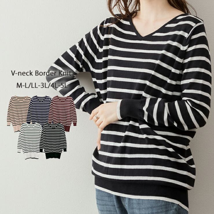 【M-L・LL-3L・4L-5L】Vネックボーダーニット | JungleJalopy | 詳細画像1 