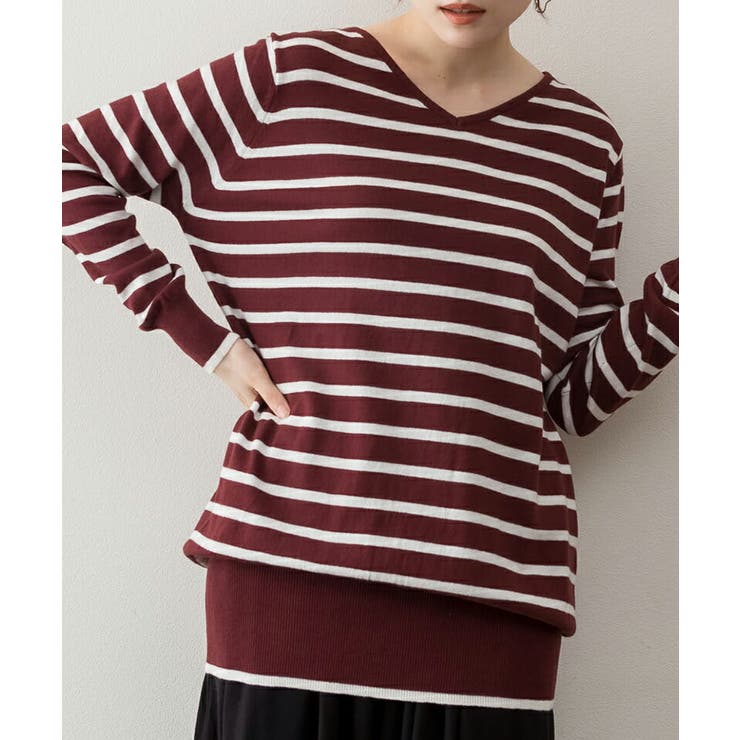 【M-L・LL-3L・4L-5L】Vネックボーダーニット | JungleJalopy | 詳細画像12 