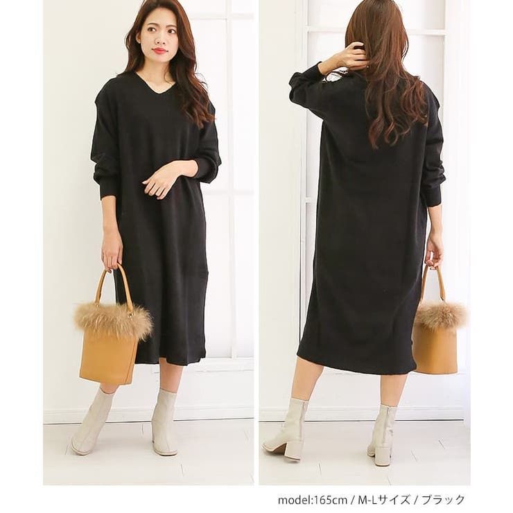 M-L・LL-3L・4L-5L】Vネックニットワンピース[品番：BEKW0000440