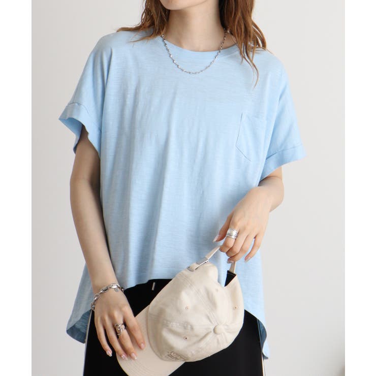 PASTEL-BLUE | 【M L】オーバーサイズポケット付きUネックTee Tシャツ | JungleJalopy