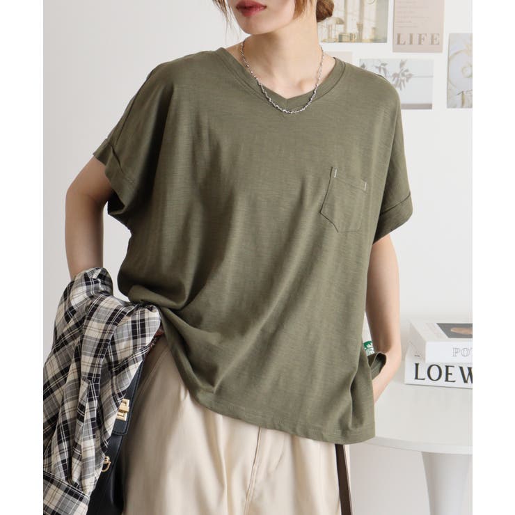 KHAKI | 【M L】オーバーサイズポケット付きVネックTee Tシャツ | JungleJalopy
