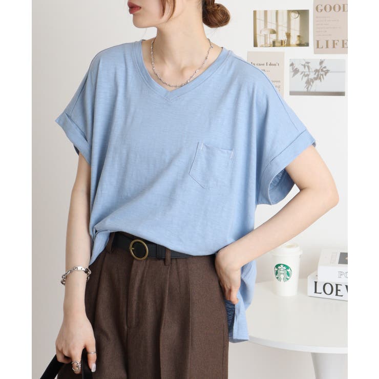SMOKY-BLUE | 【M L】オーバーサイズポケット付きVネックTee Tシャツ | JungleJalopy