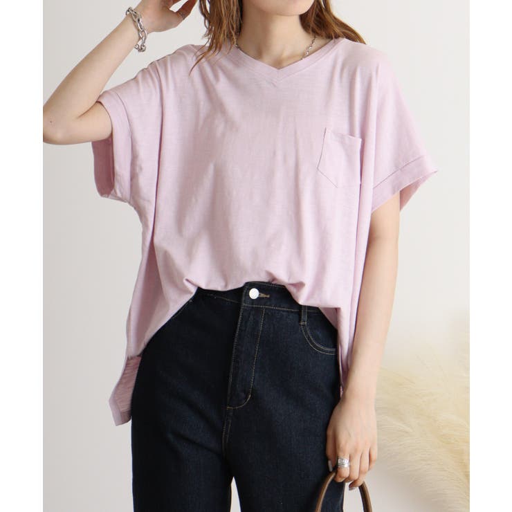 SMOKY-PINK | 【M L】オーバーサイズポケット付きVネックTee Tシャツ | JungleJalopy