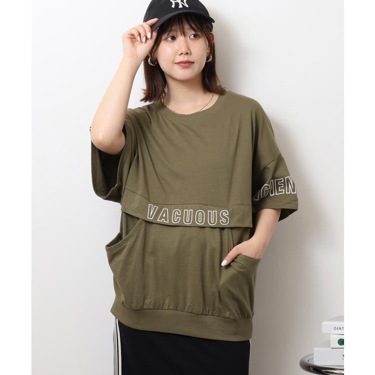 KHAKI | ポケット付きオーバーサイズシルエットロゴプリントTシャツ レディース | JungleJalopy