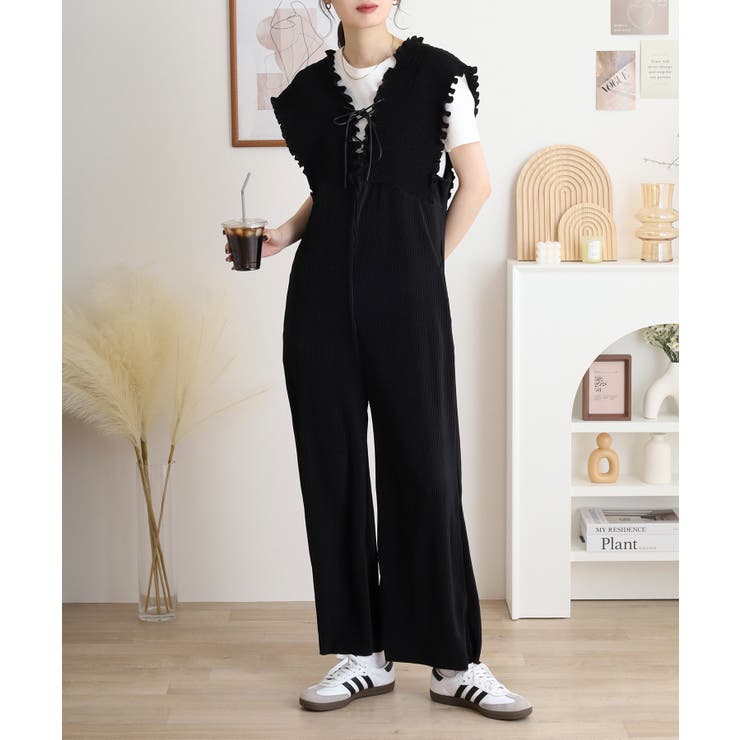 ６割引き！IENA エアリースリーブオールインワン ネイビー38 新品未使用 胸元レースアップギャザーオールインワン レディース[品番