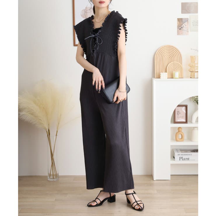 CHARCOAL | 胸元レースアップギャザーオールインワン レディース | JungleJalopy