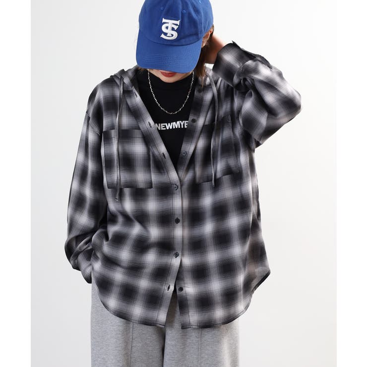 フードビッグチェックシャツ トップス チェック | JungleJalopy | 詳細画像3 