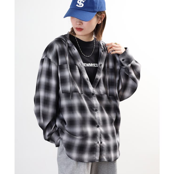 BLACK | フードビッグチェックシャツ トップス チェック | JungleJalopy