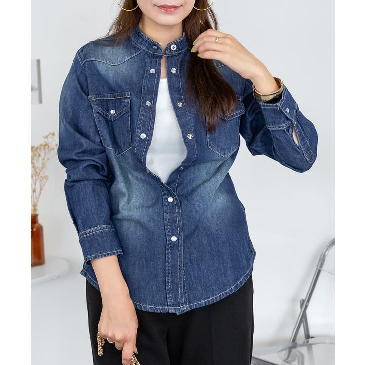 ノーカラーウエスタンデニムシャツ レディース 大きいサイズ レビュー特典あり | JungleJalopy | 詳細画像10 