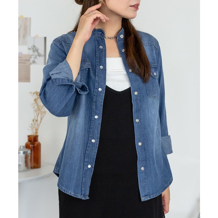 ノーカラーウエスタンデニムシャツ レディース 大きいサイズ レビュー特典あり | JungleJalopy | 詳細画像2 