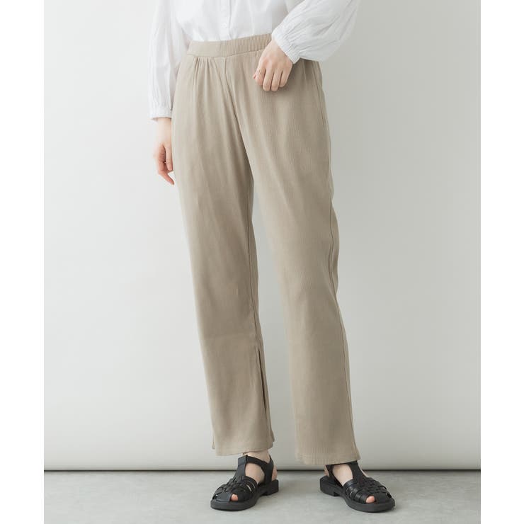 GRAY-BEIGE | 裾スリットストレートカットパンツ レディース 大きいサイズ | JungleJalopy