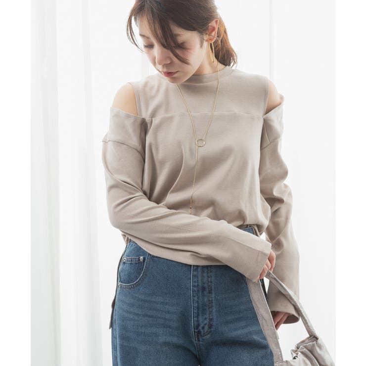 GRAY-BEIGE | オープンショルダーロングスリーブTシャツ レディース 大きいサイズ | JungleJalopy