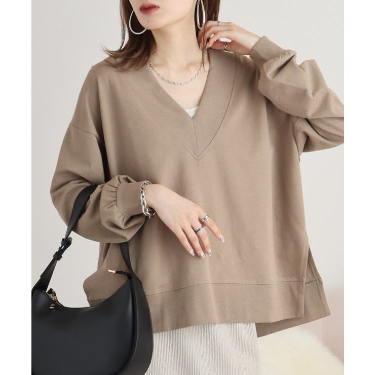 L-KHAKI | ミニ裏毛Vネックサイドスリットスウェット 大きいサイズ レディース | JungleJalopy